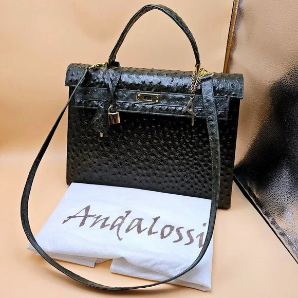 Andalossi Ostrich Embossed Leather Satchel Handbag With Lock‎ Charm and Dust Bag